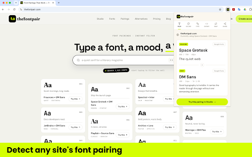 TheFontPair — Font & Pairing Inspector :: Inspect any site's font pairing, colors, and type anatomy — then swap pairings live and share branded specimen cards.