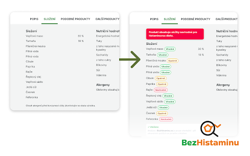 BezHistaminu - kontrola složení :: Vyhodnotí složení produktů a receptů na podporovaných českých webech.