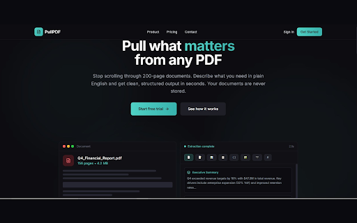 PullPDF - AI PDF Data Extractor :: Extract data from any PDF with AI. Get tables, text, and structured data as JSON, CSV, Excel, or Infographic.