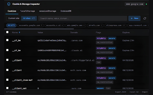 Cookie & Storage Inspector :: Manage cookies, localStorage, sessionStorage and IndexedDB in one panel. Open-source, 100% local. No data ever leaves your browser.
