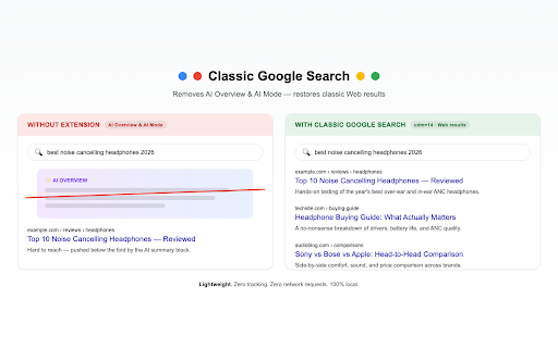 Classic Google Search :: Bring back the classic Google Search experience by removing AI Overviews and AI Mode.