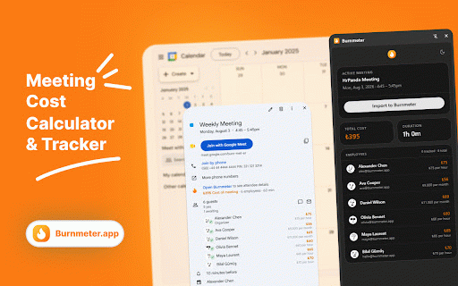 Burnmeter: Meeting Cost Calculator & Tracker :: Meeting cost tracker for Google Calendar & Meet. See how much every meeting costs in real time, per attendee, from salary rates.