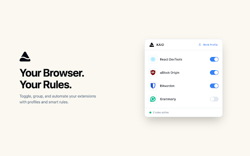 KAIO Extension Manager :: Automate Chrome extension management with smart profiles, rules, and groups. Control extensions by URL, domain, or condition.