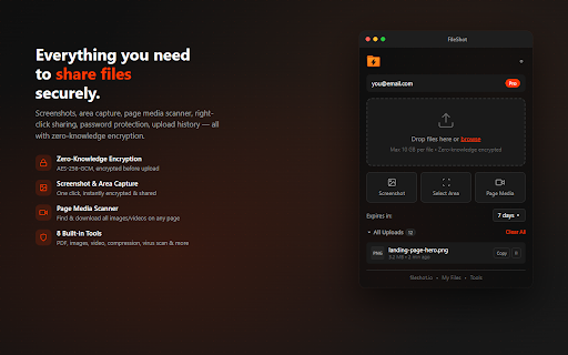 FileShot - Secure File Sharing :: Zero-knowledge encrypted file sharing. Drag & drop upload, screenshots, page media scanner, and instant share links.
