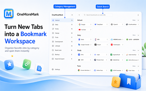 OneMoreMark - New Tab Bookmark Manager :: Turn your new tab into a clean visual bookmark dashboard with categories, cards, import/export, and Chrome sync.