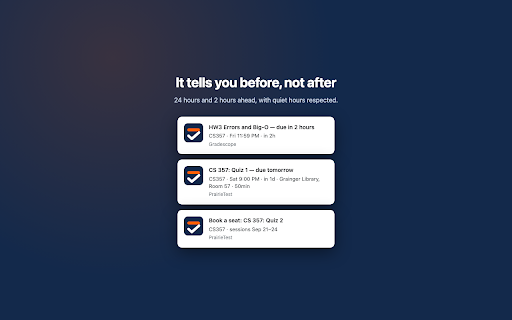 Illini Dash :: Every UIUC deadline from Canvas, Gradescope, PrairieLearn, PrairieTest, smartPhysics and course sites in one list.