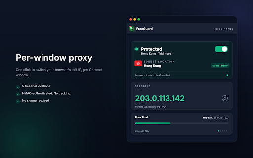 FreeGuard VPN · Stream Proxy :: Per-window HTTP/HTTPS proxy with user-agent, timezone & WebRTC controls. Free trial nodes + bring-your-own proxy.