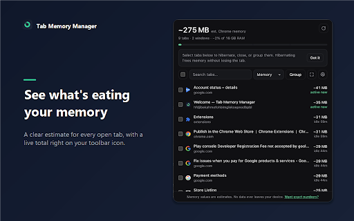 Tab Memory Manager :: See estimated memory per tab, hibernate or close idle tabs in one click, and group tabs by domain. Everything stays on your device.