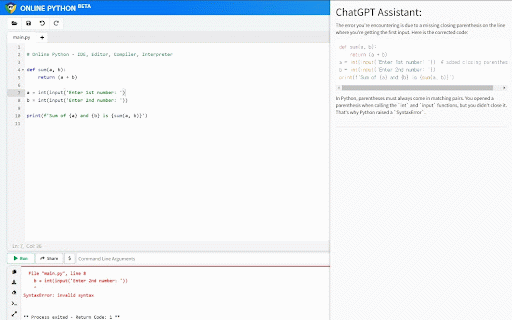 Online-Python ChatGPT Extensions :: Python Error Message Explaining ChatGPT Extensions on online-python.com