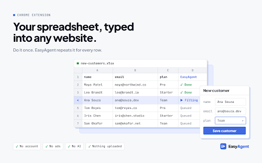 EasyAgent: Browser Macro Recorder & Form Filler :: Browser macro recorder & form filler. Record clicks and typing once, replay them for every row of your Excel or CSV data. Free.