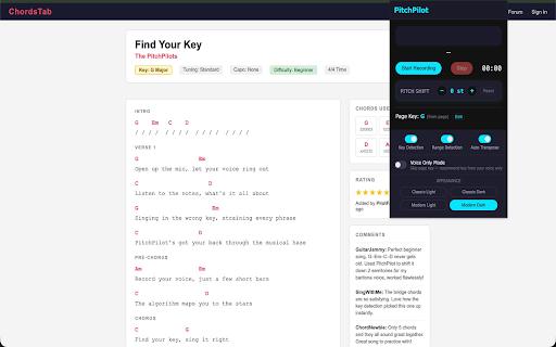 PitchPilot :: Free chord transposition for singers. Unlock Pro to detect your vocal key and range from a single recording.