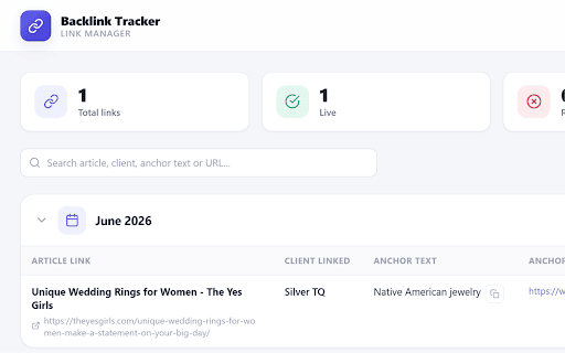 Backlink Tracker :: Detect, save & monitor client backlinks, track which domains link each client, and get alerts when links drop. 100% local.