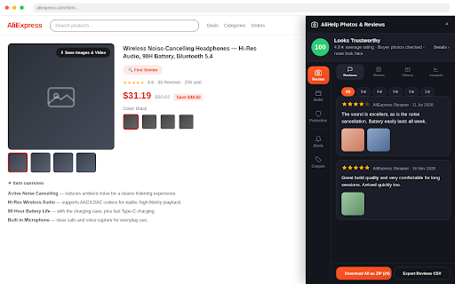 AliHelp: AliExpress Reviews, Photos & Seller Trust Check :: Get a Buy Confidence Score, seller trust check & fake-review detection on AliExpress. View, filter & save buyer photos/videos.