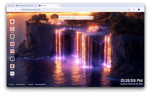 Neon Waterfall Live Wallpaper :: Enjoy a Neon Waterfall Live Wallpaper New Tab with glowing, futuristic landscapes and vibrant colors.
