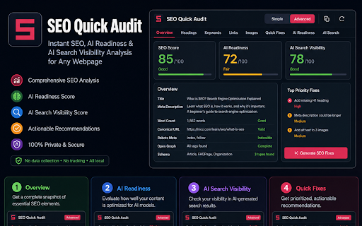 SEO Quick Audit :: Analyze on-page SEO, schema markup, AI readiness and AI search visibility in one click.