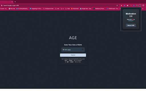 Motivation 2.0 :: Shows your live age on the new tab to keep you motivated for work.