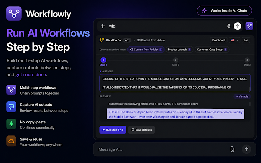Workflowly - AI Workflow & Prompt Launcher :: Run AI workflows and launch prompts inside ChatGPT, Claude & Gemini. No tab switching. No copy-paste.