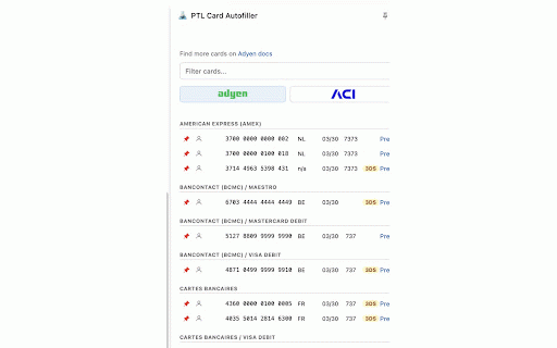 PTL Card Autofiller :: Sidebar test-card autofill for Adyen, ACI, Stripe, and other payment gateways.