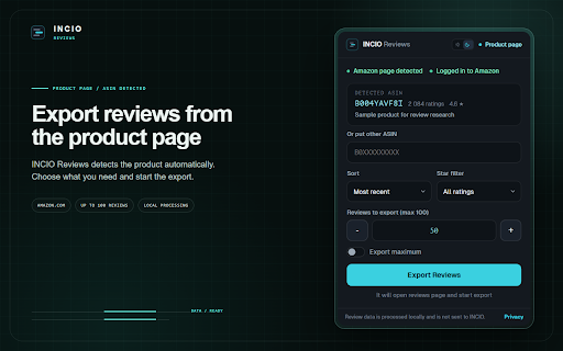 INCIO Reviews - Amazon Reviews Exporter :: Export up to 100 Amazon product reviews to CSV or JSON for product research, competitor analysis, and AI workflows.