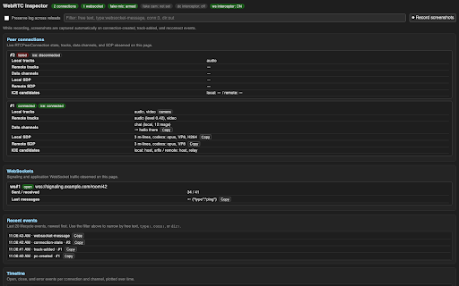 WebRTC Inspector :: Live inspection and injection for WebRTC peer connections, tracks, and data channels — DevTools panel UI.