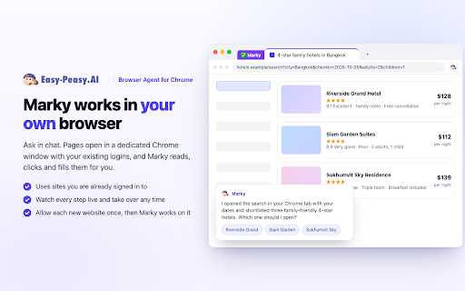 Easy-Peasy.AI Browser Agent :: Let Marky and your AI employees work in your own browser — pages open in a new tab you can watch and take over at any time.