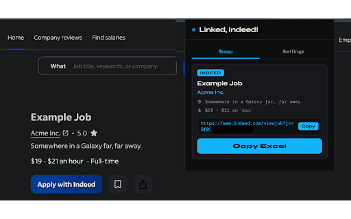 Linked, Indeed! :: Linked, Indeed! — save job listings with clean URLs and extracted details from Indeed, LinkedIn, and more.