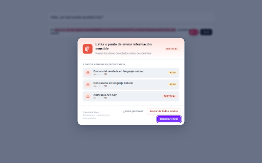 Tracehold Free :: Detects passwords, API keys and personal data before you send them to ChatGPT, Claude or Gemini. Your prompts are analyzed locally.