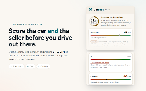 CarBluff Scan :: Free scam check for the used-car listing you're viewing. Scored on your device, no account, only when you click.