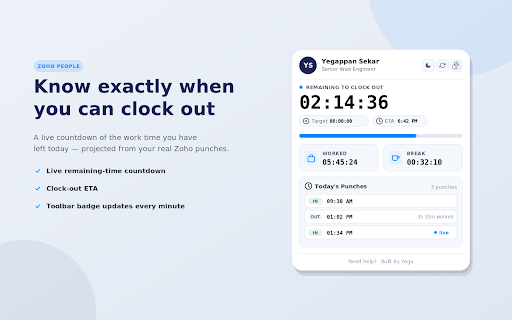 Zoho People Time Tracker :: See remaining work hours, punches, weekly summary, and permission usage from Zoho People - live in a popup, no page needed.