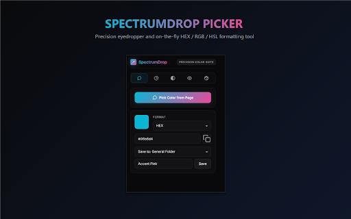 SpectrumDrop - Color Picker & Eyedropper :: Professional color picker, precision eyedropper, page palette builder, WCAG contrast checker, and accessibility simulator.