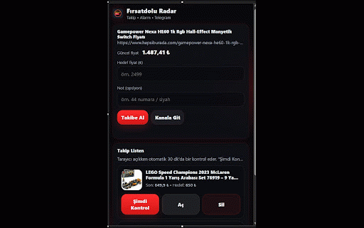 Fırsatdolu Radar – Fiyat Takip & Alarm :: Amazon, Hepsiburada, Trendyol, n11 ürünlerini takip et; fiyat düşünce bildirim + kısa alarm sesi al. Kanal: Fırsatdolu.