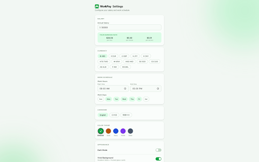 WorkPay - Salary Tracker :: Watch your salary tick up in real-time. Set your schedule, pick your currency — know exactly what you earned, second by second.