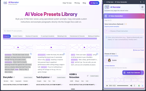 AI Narrator - AI Voice Generator :: Turn any page into AI audio with AI Narrator. 30+ voices, multilingual & Drive save. Text-to-speech.