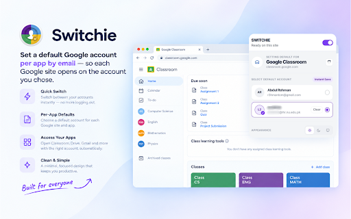 Switchie - Open Google Apps in the Right Account :: Set a default Google account per app by email - so each Google site opens on the account you chose.