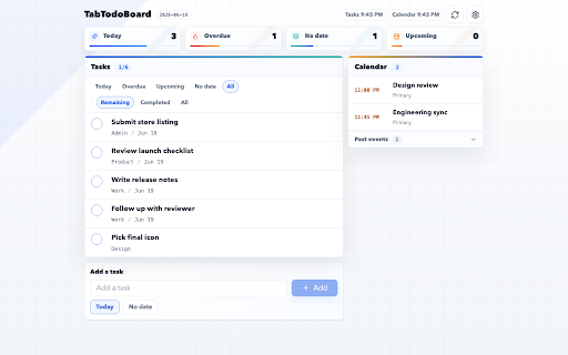 TabTodoBoard :: A cleaner new tab for Google Tasks and Google Calendar.