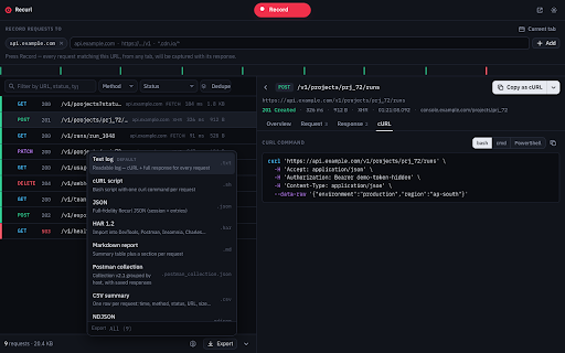 Recurl — Request Recorder & Copy as cURL :: Record API traffic across tabs, inspect request details, copy cURL commands, and export sessions for Postman.