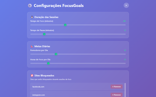 FocusGoals :: Combine Pomodoro timer, bloqueio de sites e metas diárias para máxima produtividade