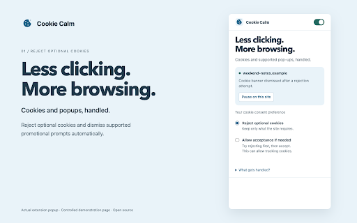 Cookie Calm :: Reject optional cookies and automatically dismiss supported promotional popups. Local rules, protected forms, and per-site pause.