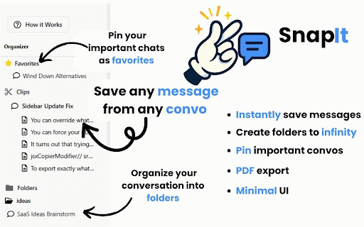 SnapIt: ChatGPT Message Saver, Organizer & PDF Exporter :: Instantly save, organize, pin, and export your best ChatGPT messages—snap it, keep it, never lose it!