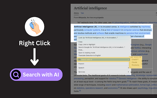 Search with AI :: 🆓 Free extension to search selected text instantly on ChatGPT 💬, Claude 🤖, and Perplexity 🔍