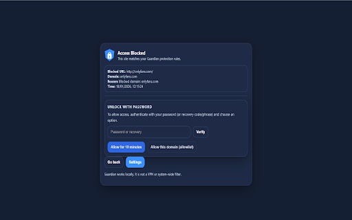 Guardian :: Local and network-level content blocking for Chrome use domain, URL patterns, keyword rules and DNS protection, secured by password.