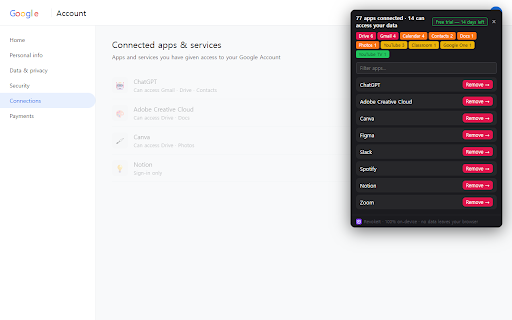 Revokeit :: See every app connected to your Google account, ranked by how risky its access is — and revoke the risky ones. 100% on-device.