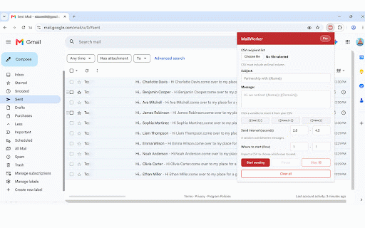 MailWorker :: Read email addresses from a CSV and send messages automatically in Gmail.