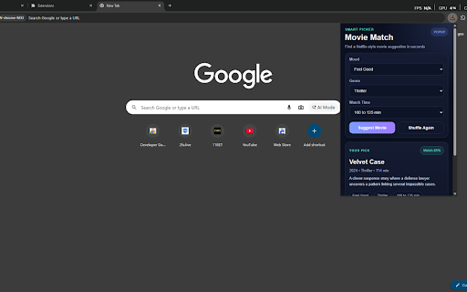 Movie Match for Netflix :: A simple extension that suggests Netflix-style movie picks based on mood, genre, and watch time.