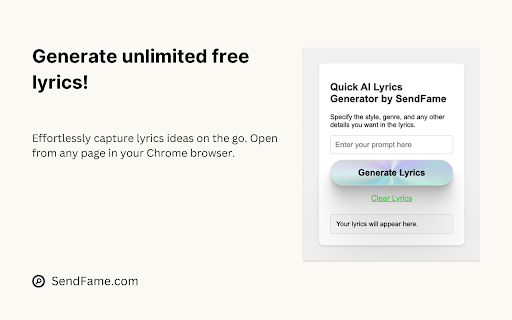 AI Lyrics Generator by SendFame :: Generate song lyrics for free using AI based on your prompt.