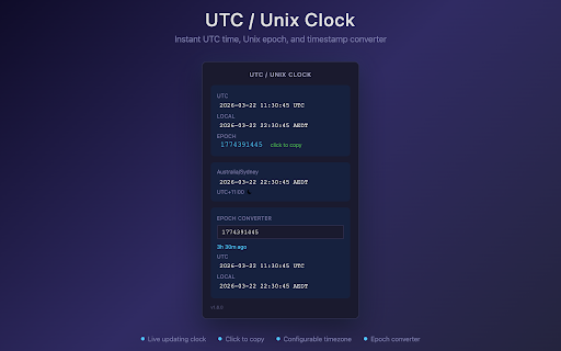 UTC/Unix Clock :: Shows current UTC time and Unix epoch with a configurable second timezone.
