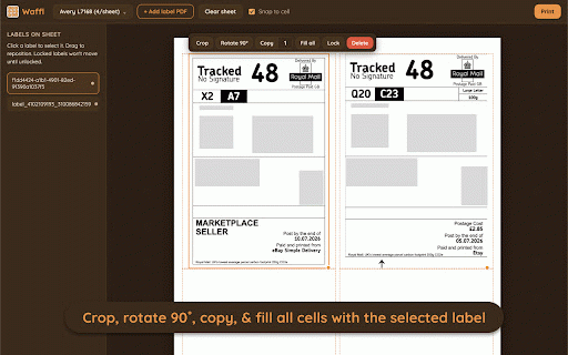 Waffl – Smarter Postage Label Printing :: Lay out postage label PDFs on A4 for eBay, Etsy & more. Custom templates, free positioning and flexible layouts. Perfect every time.