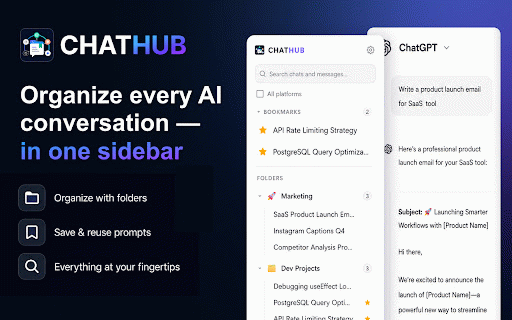 ChatHub – AI Folders & Prompts for ChatGPT, Claude, Gemini & more :: Organize ChatGPT, Claude, Gemini, Perplexity & Grok chats into folders. Search, export, sync. By Approid Tech.