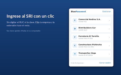 BluePassword — Ingreso al SRI :: Ingrese a SRI en Línea con un clic. Sus claves se guardan cifradas solo en este computador.
