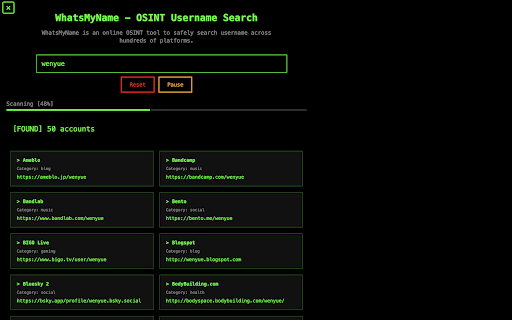 WhatsMyName :: WhatsMyName is a Chrome extension to safely search username across hundreds of platforms.